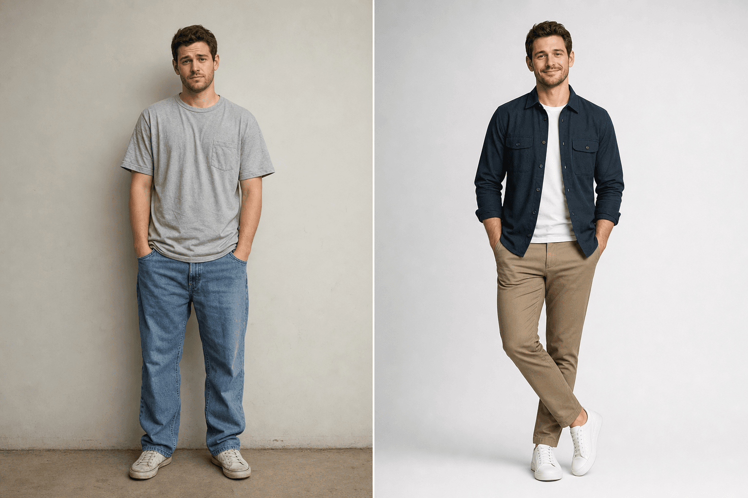 Before and after: a man restyled into a sharp, well-fitted look